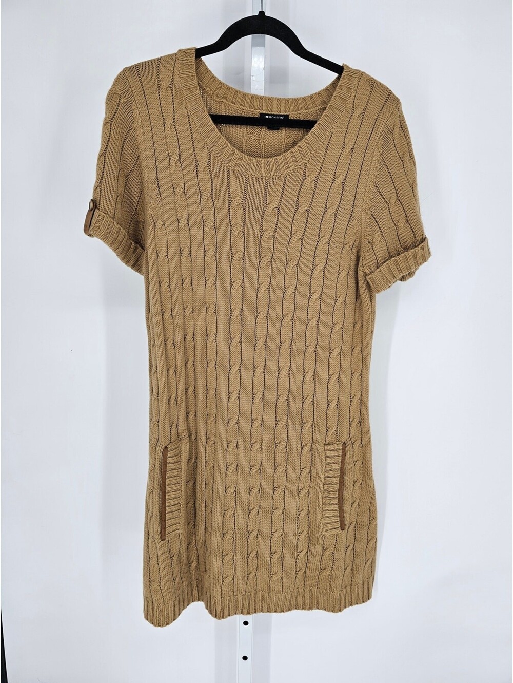 I Heart Ronson Women's Tan Cable Knit Short Sleeve Sweater Dress Size XL